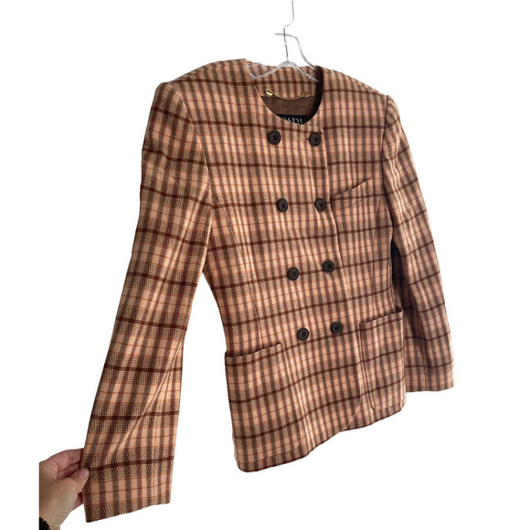 𝅺NWT ESCADA 80"S VINTAGE MARGARETHA LEY ORANGE WOOL CHECK BLAZER - Picture 3 of 8